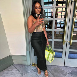 Black High-Waist Midi-Length Pencil Skirt