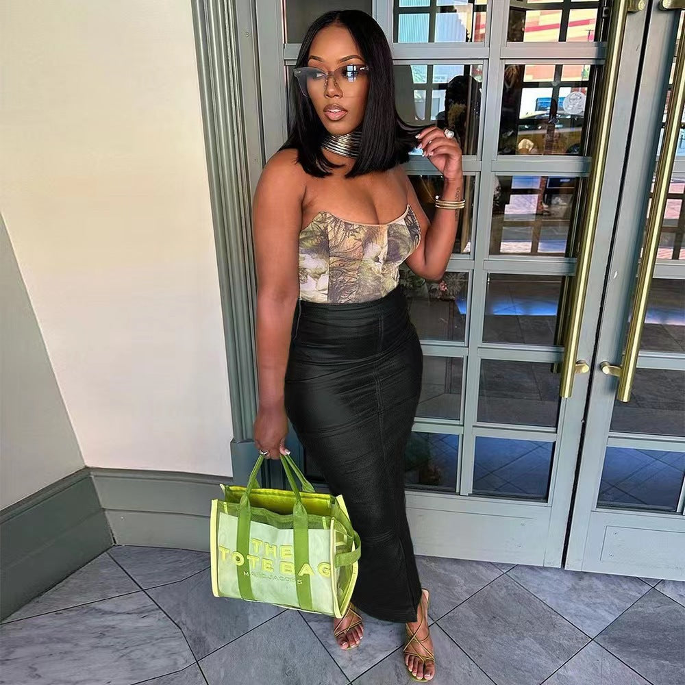 Black High-Waist Midi-Length Pencil Skirt