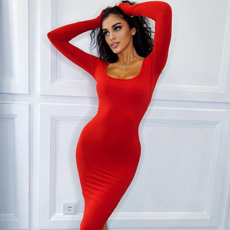 Red Square Neck Bodycon Dress
