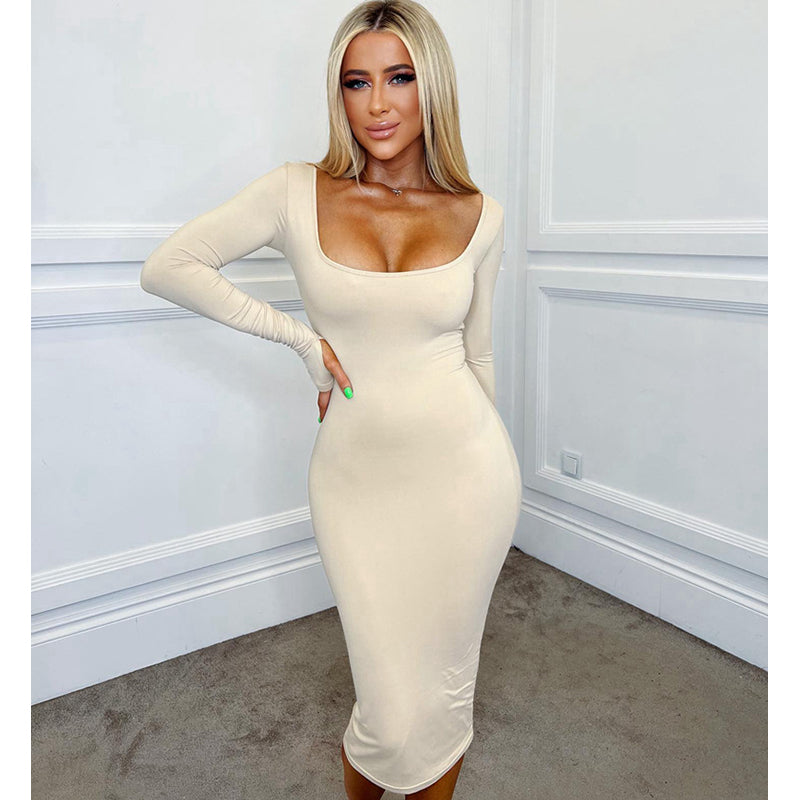 Beige Scoop Neck Bodycon Midi Dress