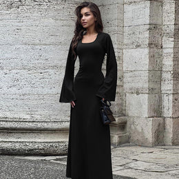 Black Square Neck Bell Sleeve Fit & Flare Maxi Dress