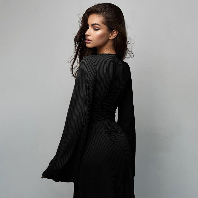 Black Square Neck Bell Sleeve Fit & Flare Maxi Dress