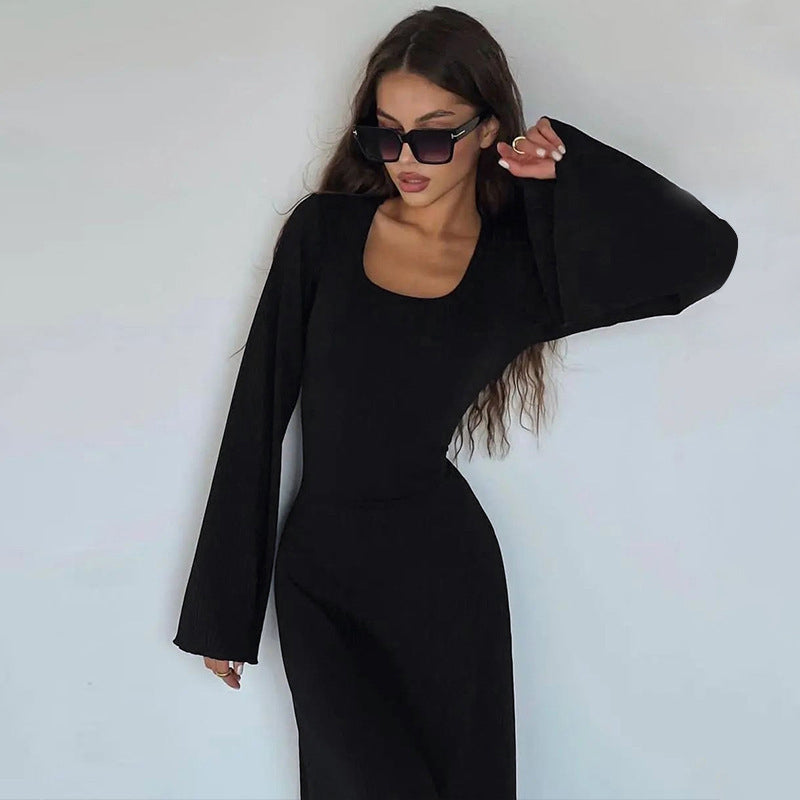 Black Square Neck Bell Sleeve Fit & Flare Maxi Dress