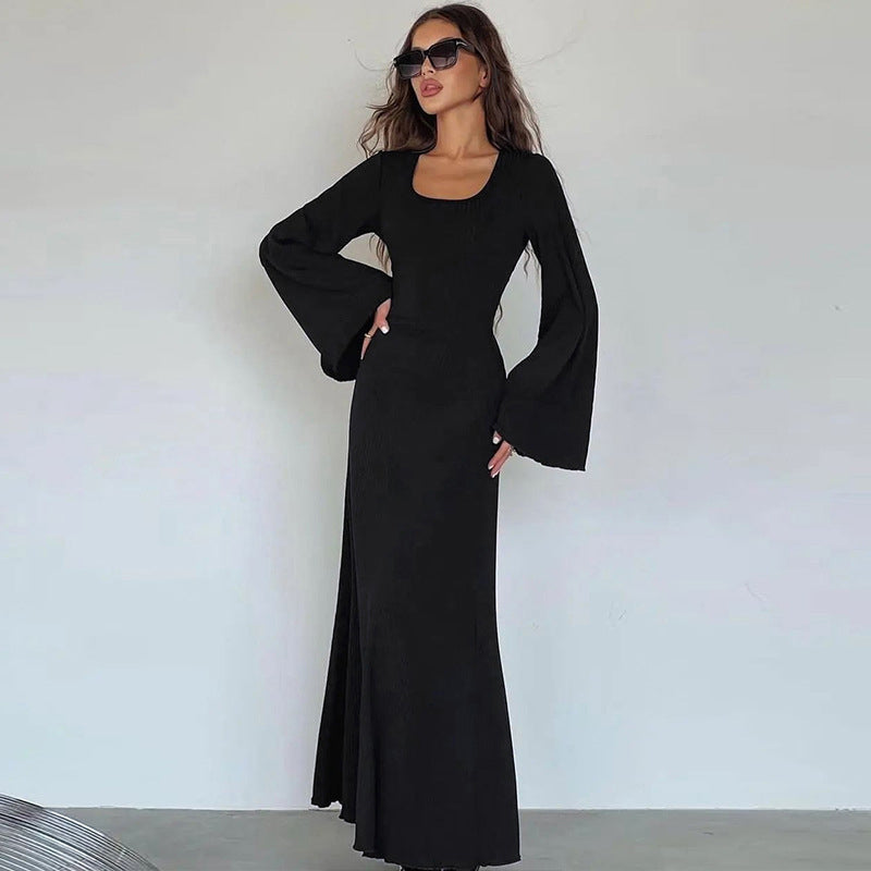Black Square Neck Bell Sleeve Fit & Flare Maxi Dress