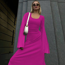 Fuchsia Ribbed Bell Sleeve Fit & Flare Maxi Dress