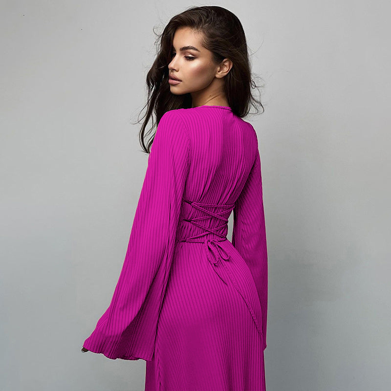 Fuchsia Ribbed Bell Sleeve Fit & Flare Maxi Dress