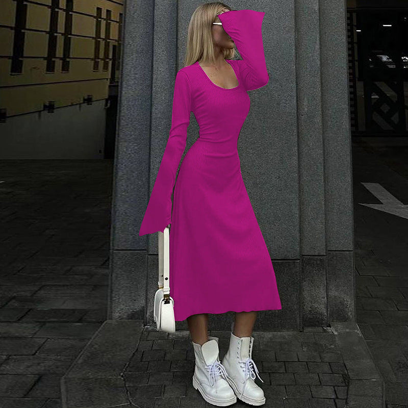 Fuchsia Ribbed Bell Sleeve Fit & Flare Maxi Dress