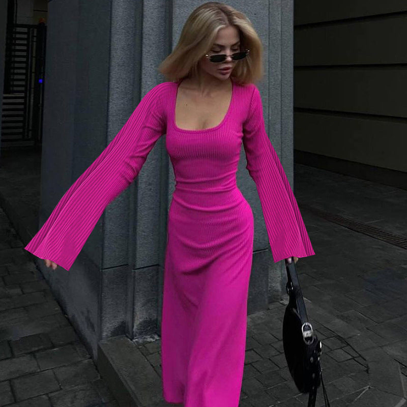 Fuchsia Ribbed Bell Sleeve Fit & Flare Maxi Dress