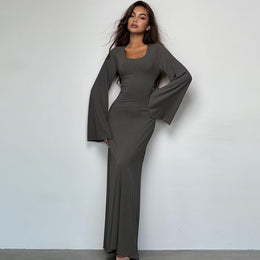 Grey Striped Bell Sleeve Maxi Dress