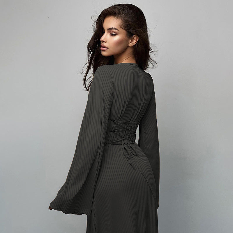 Grey Striped Bell Sleeve Maxi Dress