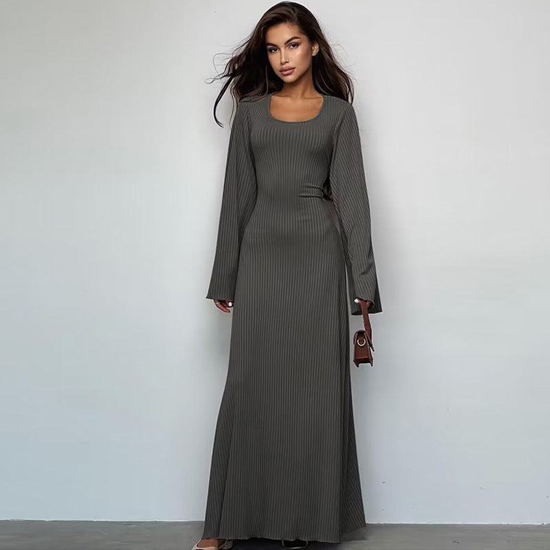 Grey Striped Bell Sleeve Maxi Dress