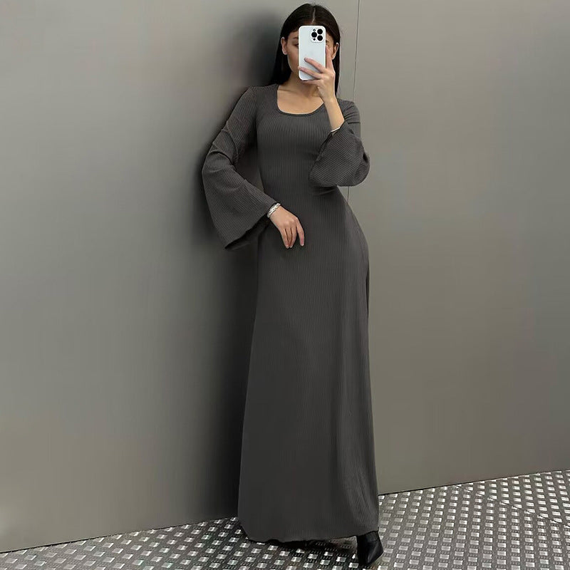 Grey Striped Bell Sleeve Maxi Dress