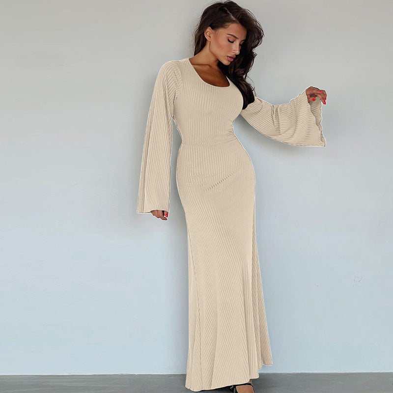 Beige Self Design Flared Sleeves Tie-Ups Sheath Maxi Dress