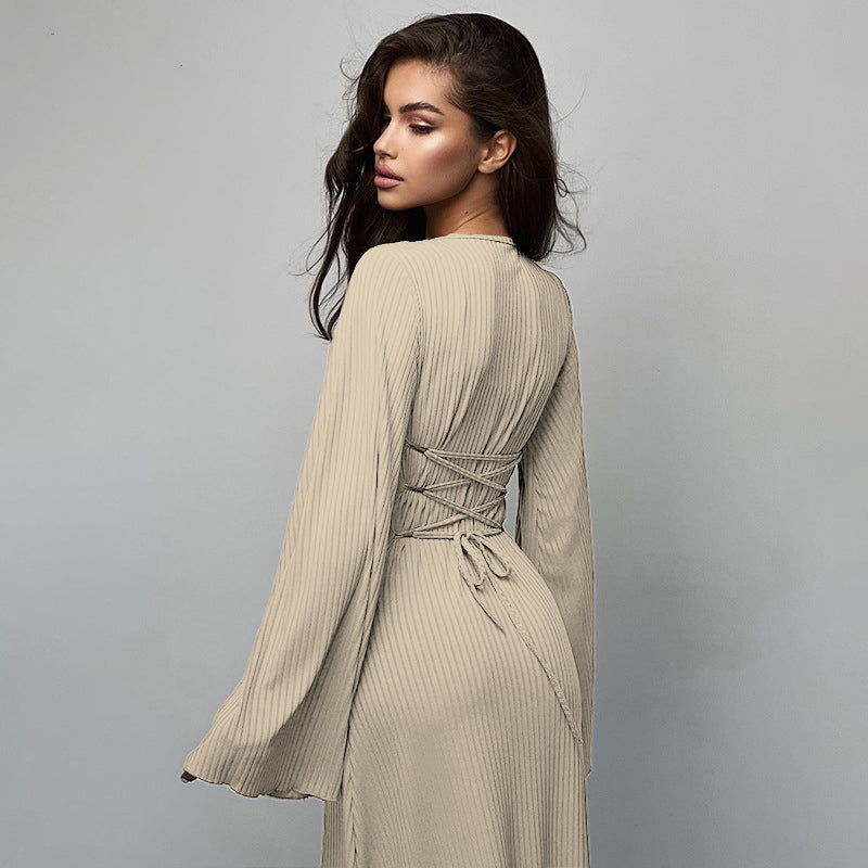 Beige Self Design Flared Sleeves Tie-Ups Sheath Maxi Dress