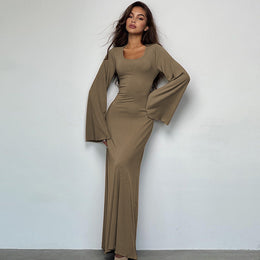 Khaki Striped Flared Sleeves Tie-Ups Detail Maxi Dress