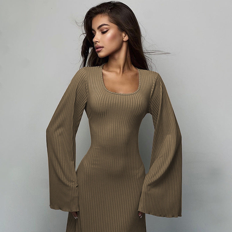 Khaki Striped Flared Sleeves Tie-Ups Detail Maxi Dress