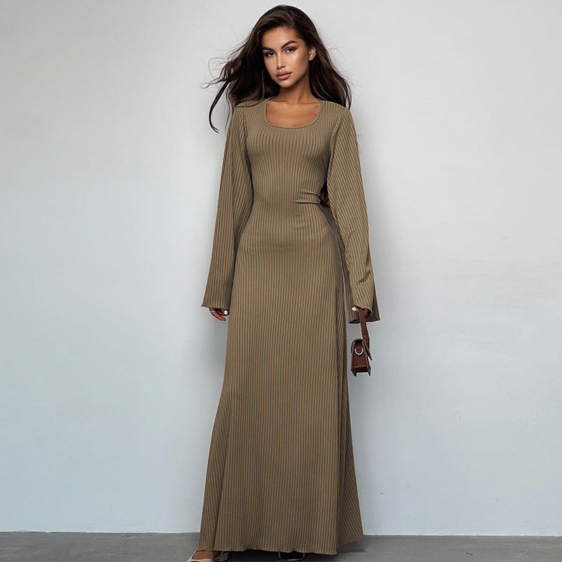 Khaki Striped Flared Sleeves Tie-Ups Detail Maxi Dress