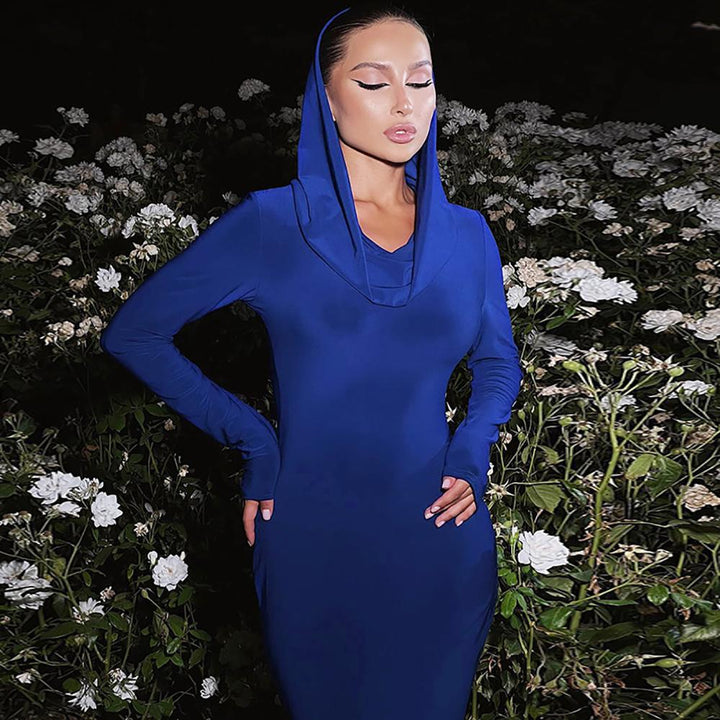 Women Solid Hood Bodycon Maxi Dress