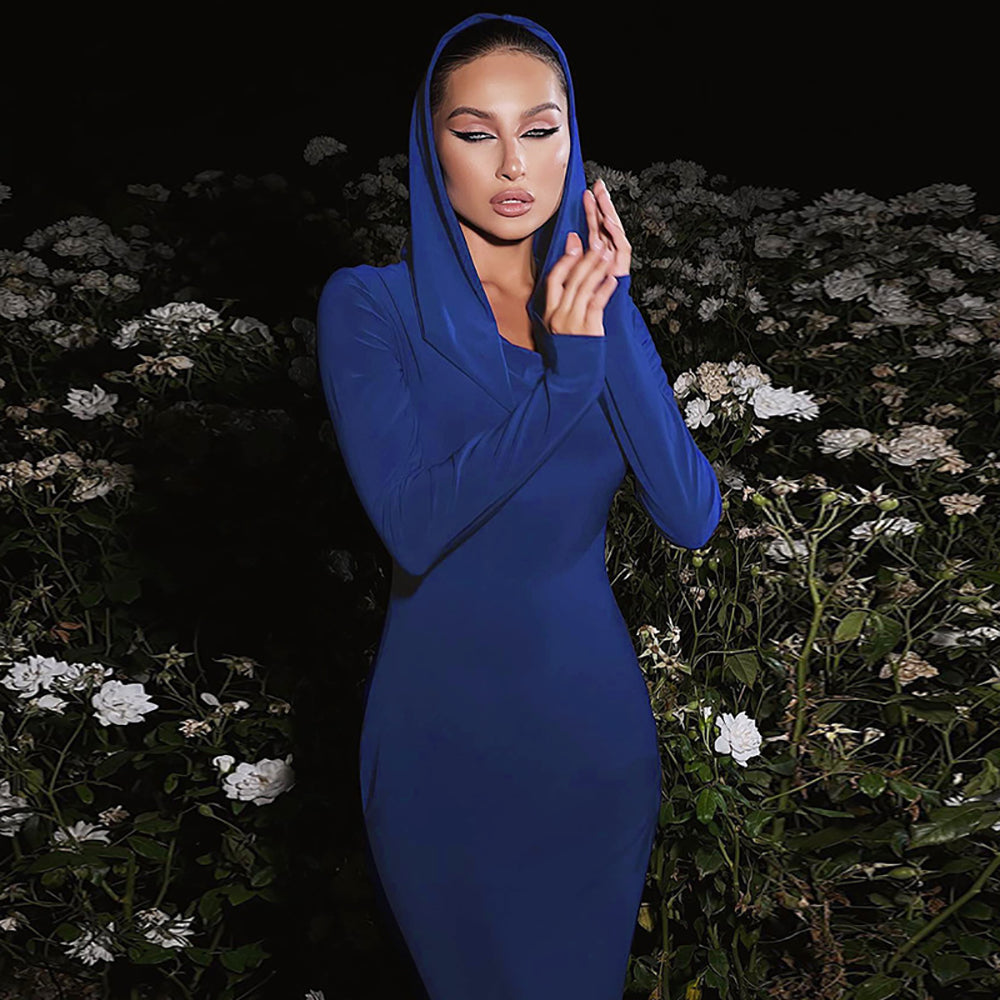 Women Solid Hood Bodycon Maxi Dress
