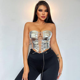 Silver Metallic Strapless Corset Crop Top