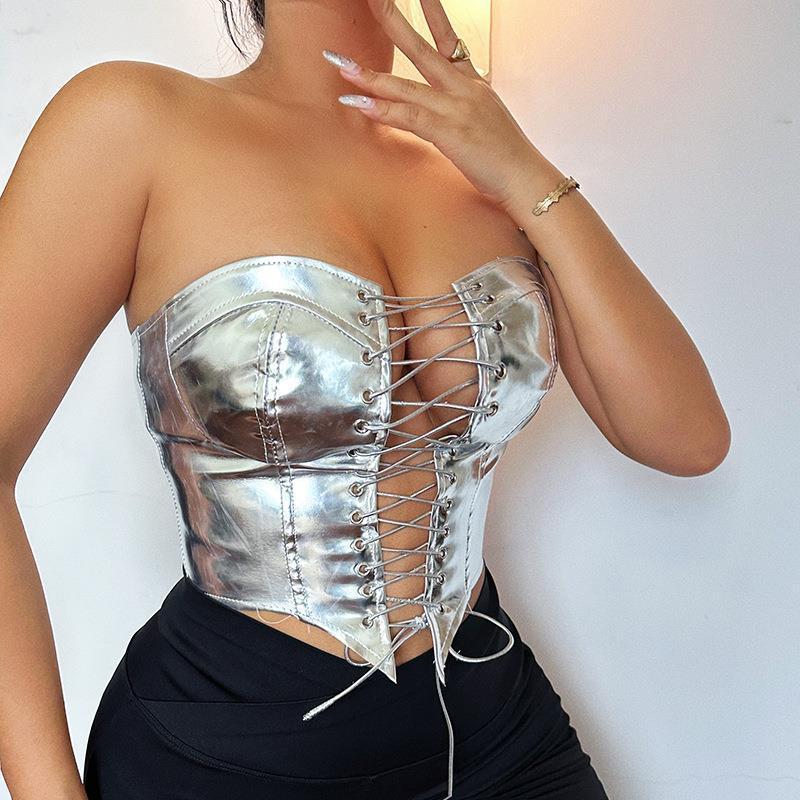 Silver Metallic Strapless Corset Crop Top
