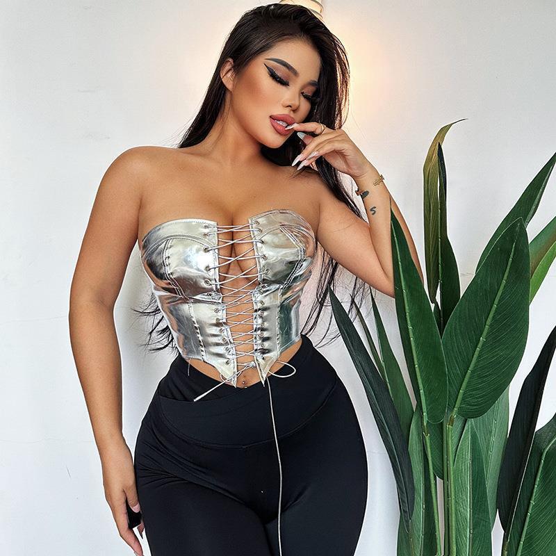 Silver Metallic Strapless Corset Crop Top