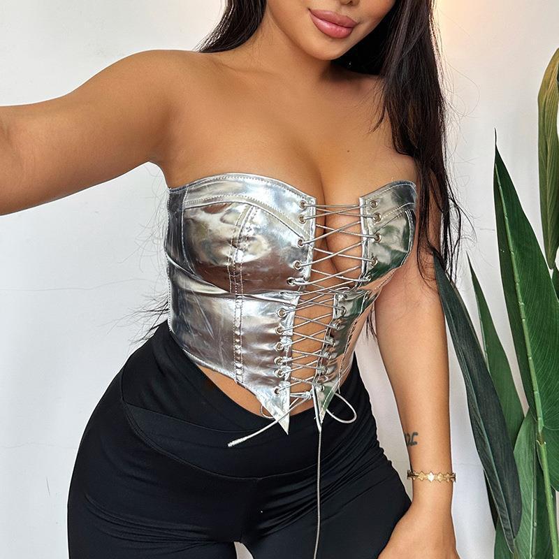 Silver Metallic Strapless Corset Crop Top