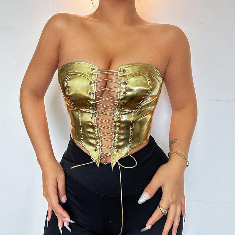 Lace-Up Satin Corset Crop Top