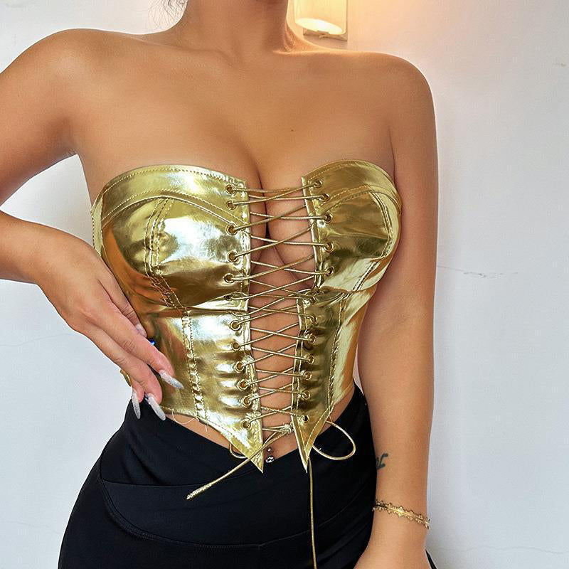Lace-Up Satin Corset Crop Top