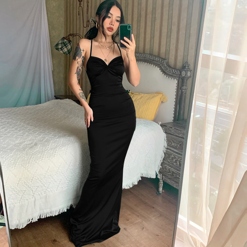 Black Shoulder Strap Ruched Maxi Dress