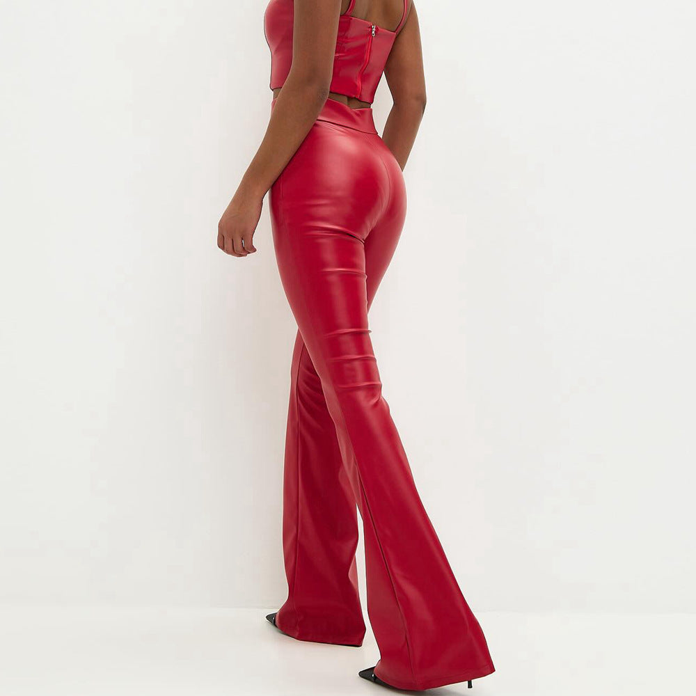 Women Red Slim Fit High-Rise Sheen Bootcut Trousers