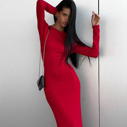 Red Boat Neck Slit Detail Maxi Dress
