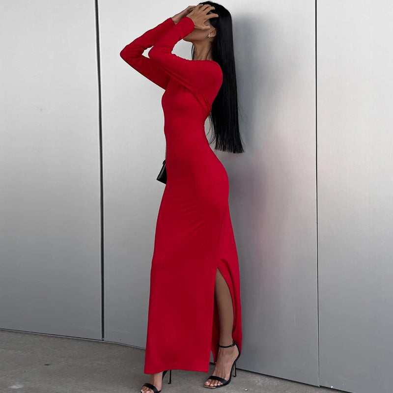 Red Boat Neck Slit Detail Maxi Dress