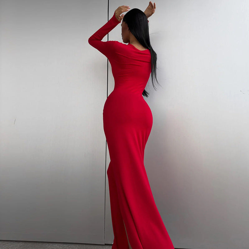 Red Boat Neck Slit Detail Maxi Dress