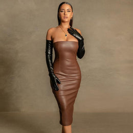 Brown Off Shoulder Bodycon Midi Dress