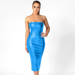 Blue Strapless Bodycon Midi Dress