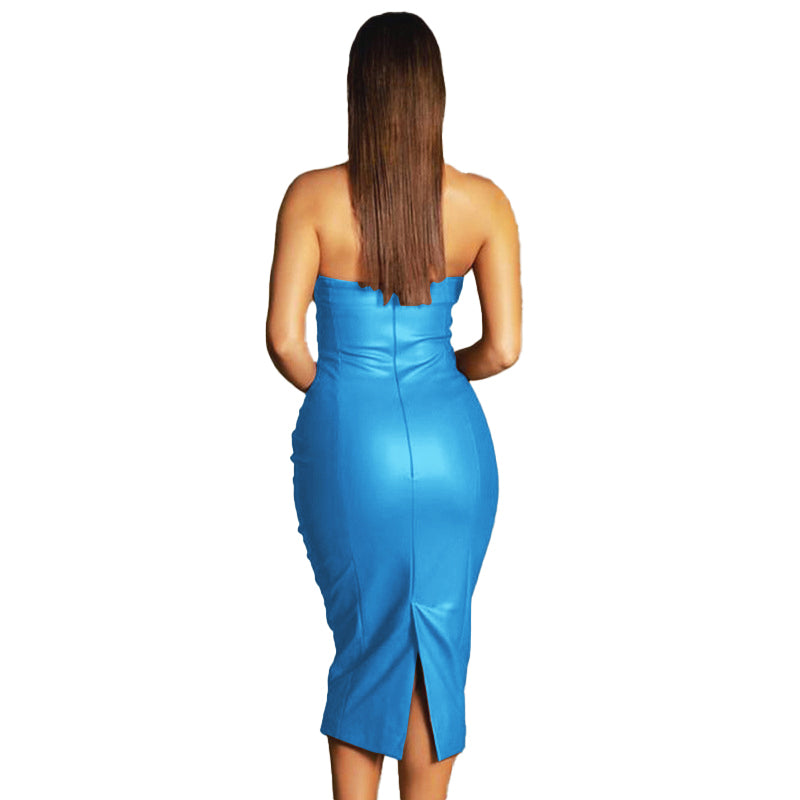Blue Strapless Bodycon Midi Dress