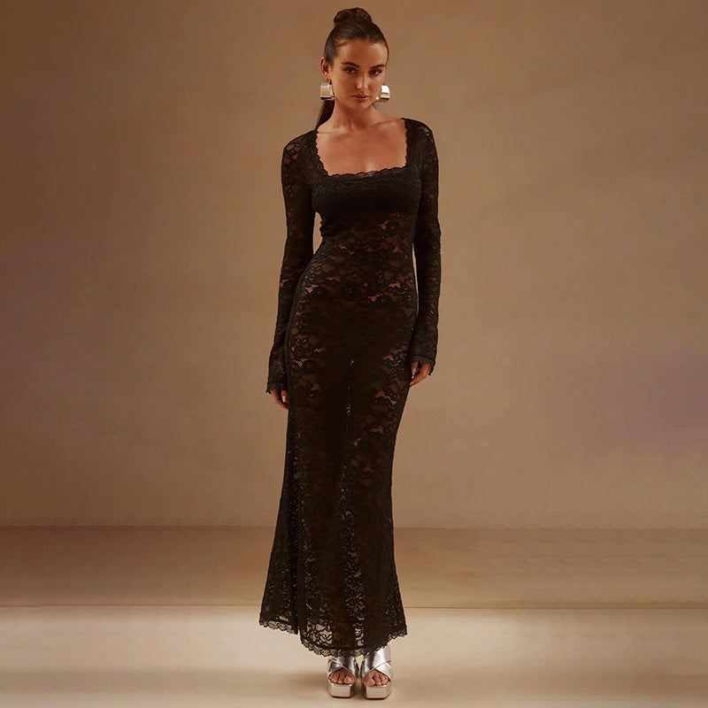 Black Semi Sheer Maxi DrFit and Flare Dressess