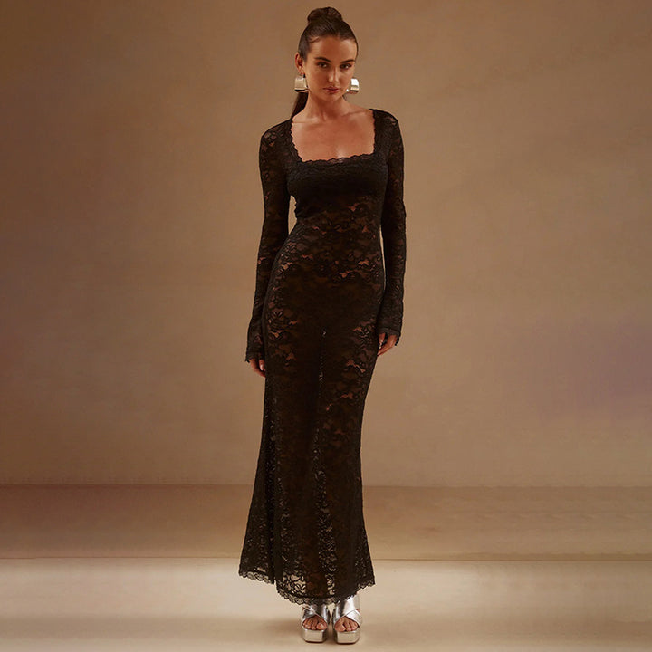 Black Semi Sheer Maxi DrFit and Flare Dressess