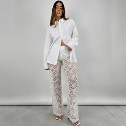 Women White Floral Laced High-Rise Easy Wash Sheer Parallel Trousers