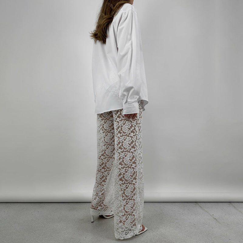 Women White Floral Laced High-Rise Easy Wash Sheer Parallel Trousers
