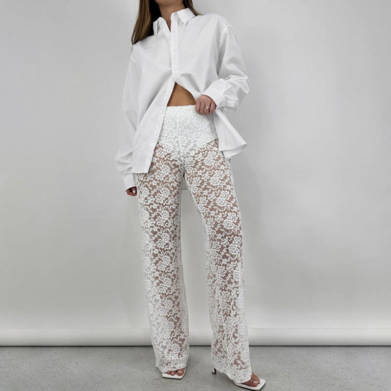 Women White Floral Laced High-Rise Easy Wash Sheer Parallel Trousers