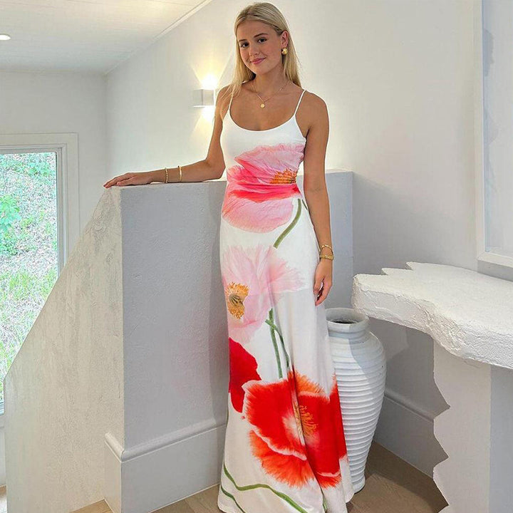 Women Shoulder Straps Floral Print Maxi Dress