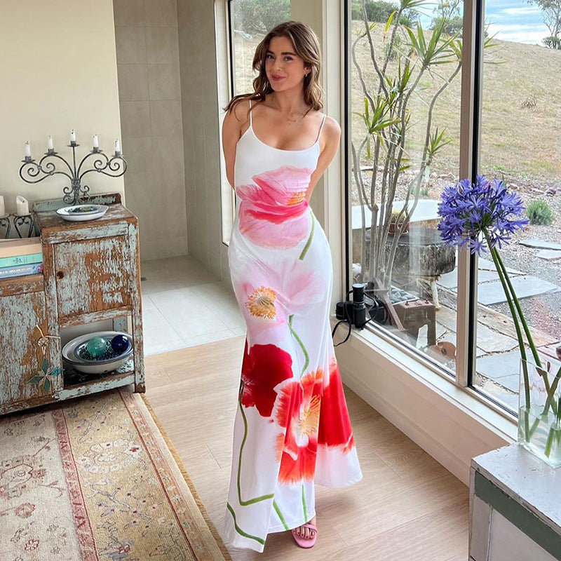 Women Shoulder Straps Floral Print Maxi Dress