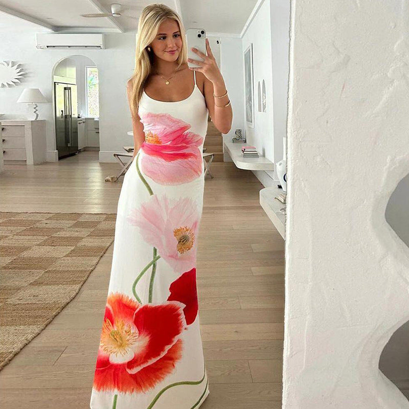 Women Shoulder Straps Floral Print Maxi Dress