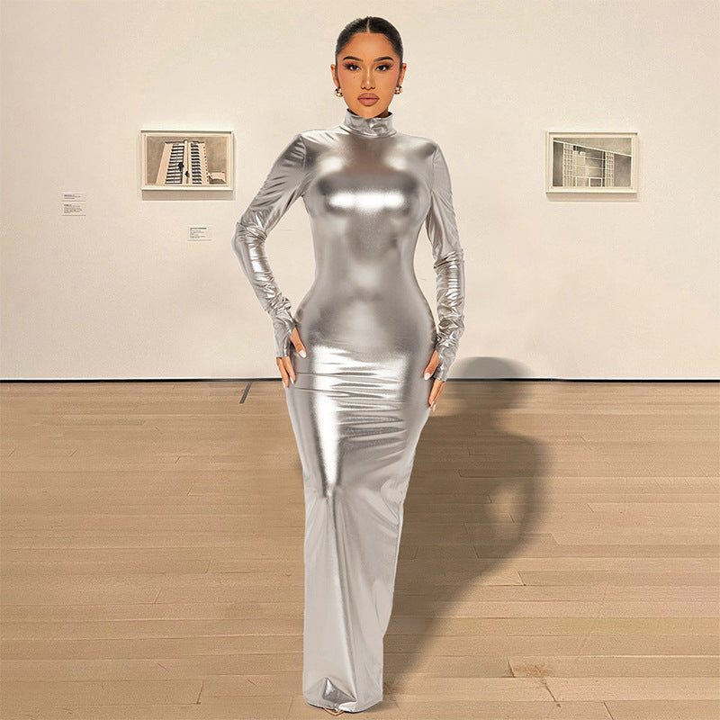 Silver-Toned High Neck Maxi Dress