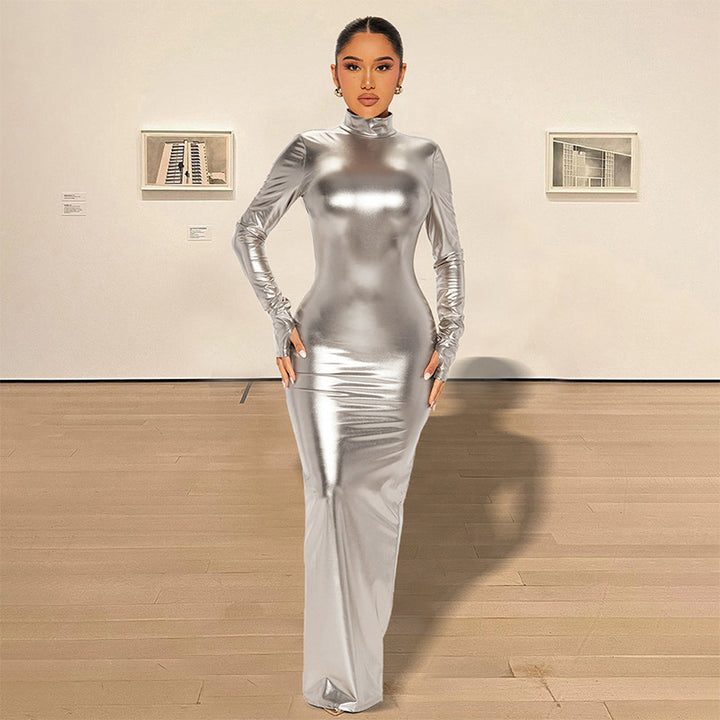 Silver-Toned High Neck Maxi Dress