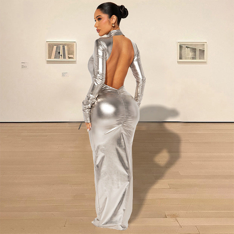 Silver-Toned High Neck Maxi Dress