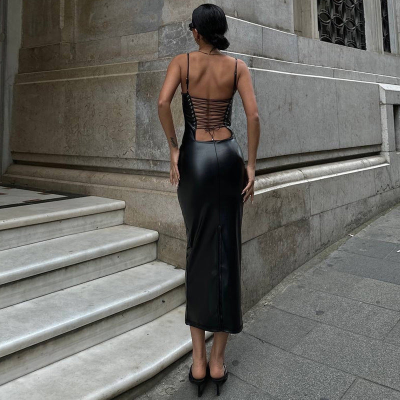 Women Shoulder Straps Leather or Faux Leather Trim Solid Bodycon Dress