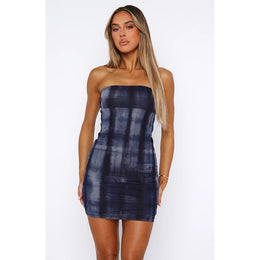 Navy Blue Off-Shoulder Checked Bodycon Mini Dress